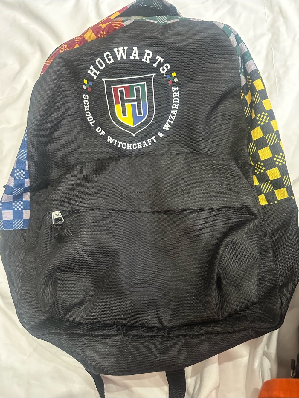 Vans Black Hogwarts Backpack with Multi-Color House Accents